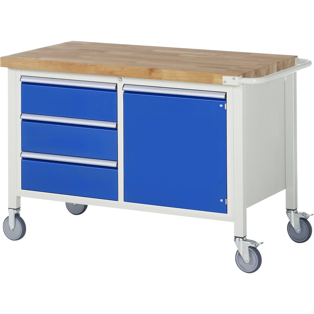 Productafbeelding nr. 1: Mobiele werkbank RAU serie 8000, 1 dubbele kast, 1 legbord, 1 draaideur, hxbxd 880-1.080 x 1.250 x 700 mm, 3 x voor 90% uittrekbare lades