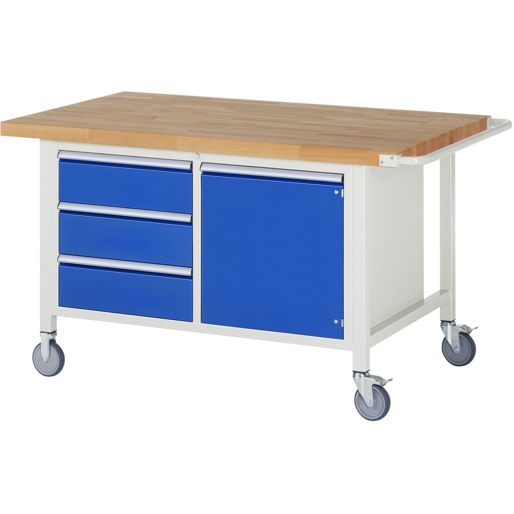 Product afbeelding: RAU verrijdbare werkbank serie 8000, h x b x d 880 x 1.500 x 900 mm, 1 dubbele onderbouwkast, met 3 lades en 1 openslaande deur