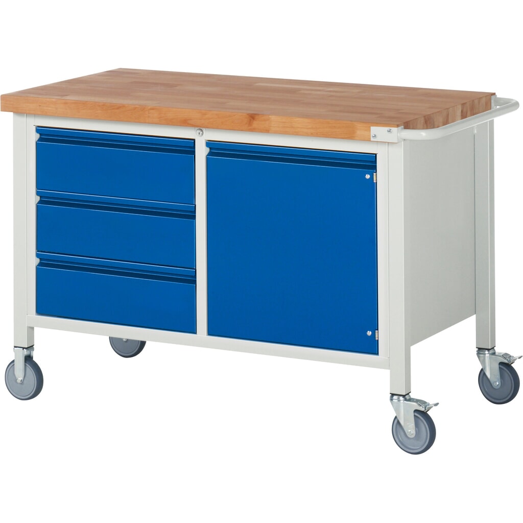 Product afbeelding: Mobiele werkbank RAU serie 8000, 1 dubbele kast, 1 legbord, 1 draaideur, hxbxd 880 x 1.250 x 700 mm, 3 lades 3 x 180 mm