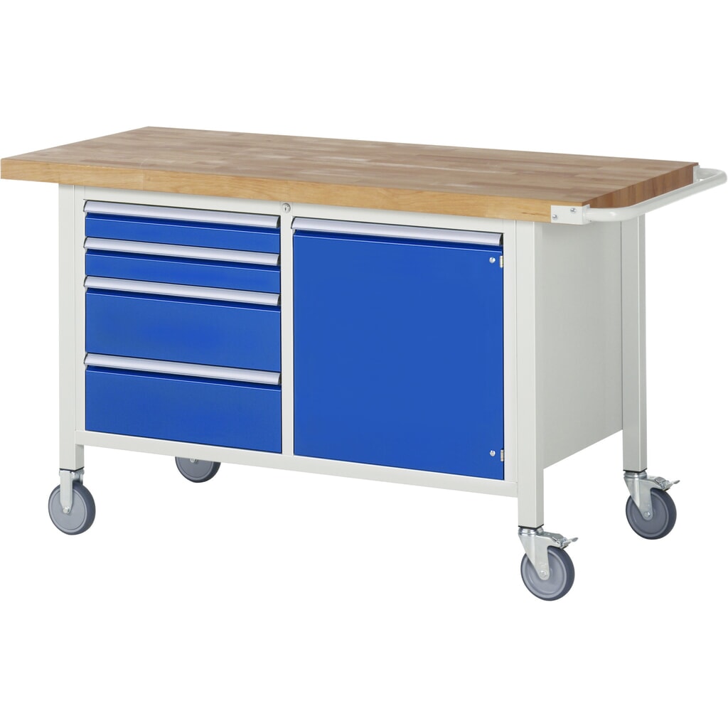 Product afbeelding: RAU verrijdbare werkbank serie 8000, h x b x d 880 x 1.500 x 700 mm, 1 dubbele onderbouwkast, met 4 lades en 1 openslaande deur