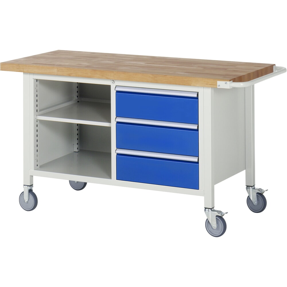 Product afbeelding: Mobiele werkbank RAU serie 8000, 1 dubbele kast, 1 legbord, hxbxd 880-1.080 x 1.500 x 700 mm, 3 x voor 90% uittrekbare lades