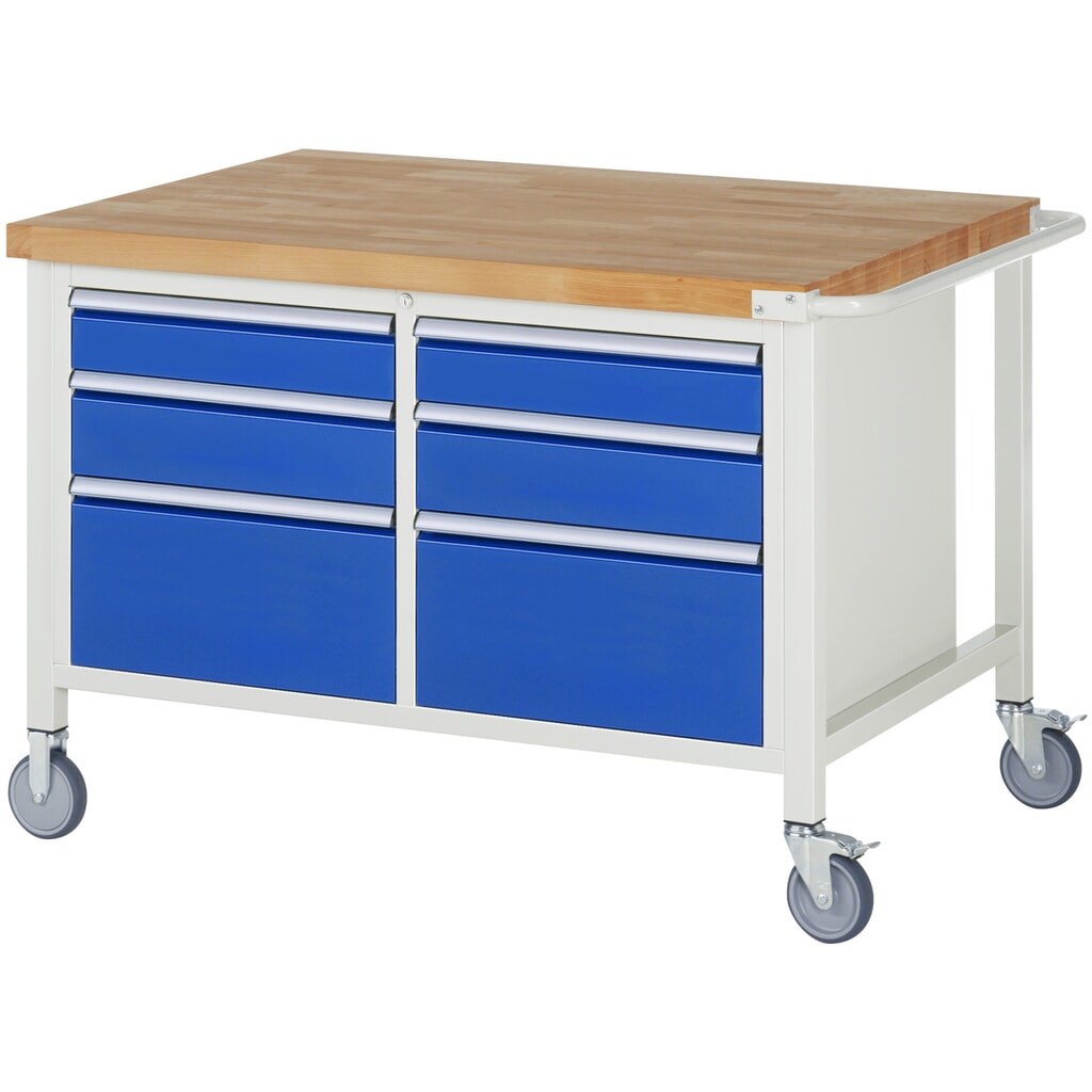 RAU verrijdbare werkbank serie 8000, h x b x d 880 x 1.250 x 900 mm, 1 dubbele onderbouwkast, met 6 lades Product afbeelding: RAU verrijdbare werkbank serie 8000, h x b x d 880 x 1.250 x 900 mm, 1 dubbele onderbouwkast, met 6 lades