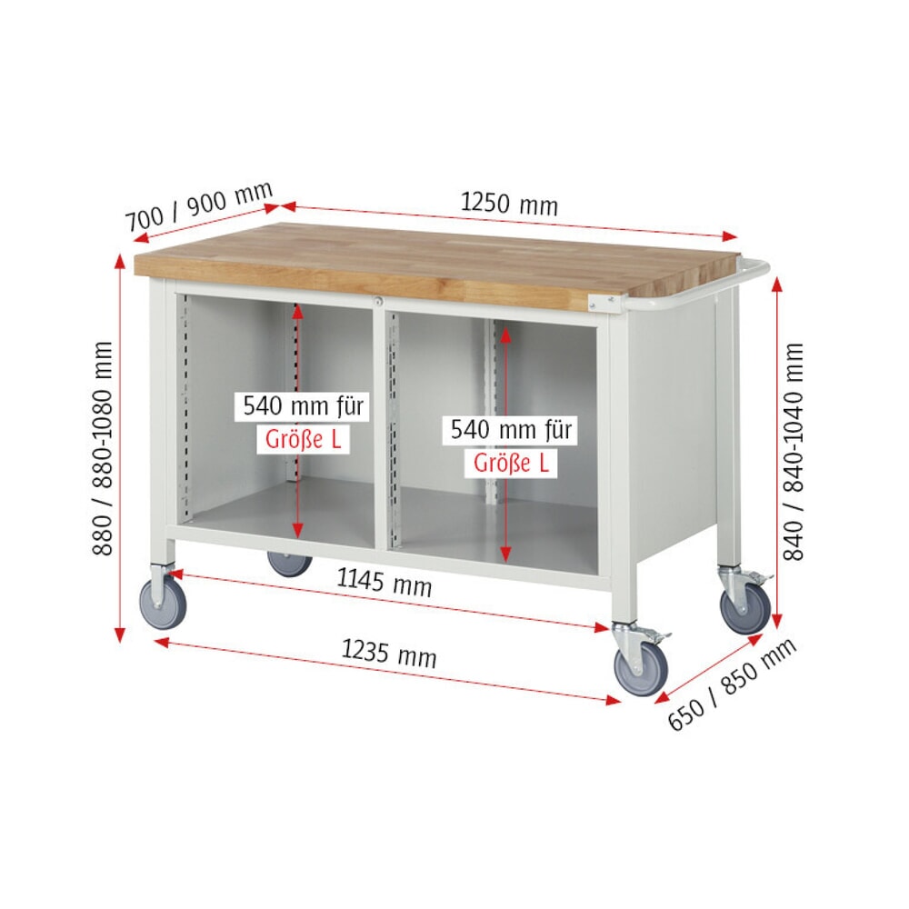 Productafbeelding nr. 8: Mobiele werkbank RAU serie 8000, 1 dubbele kast, 2 draaideuren, hxbxd 880-1.080 x 1.250 x 700 mm, 2 x voor 90% uittrekbare lades