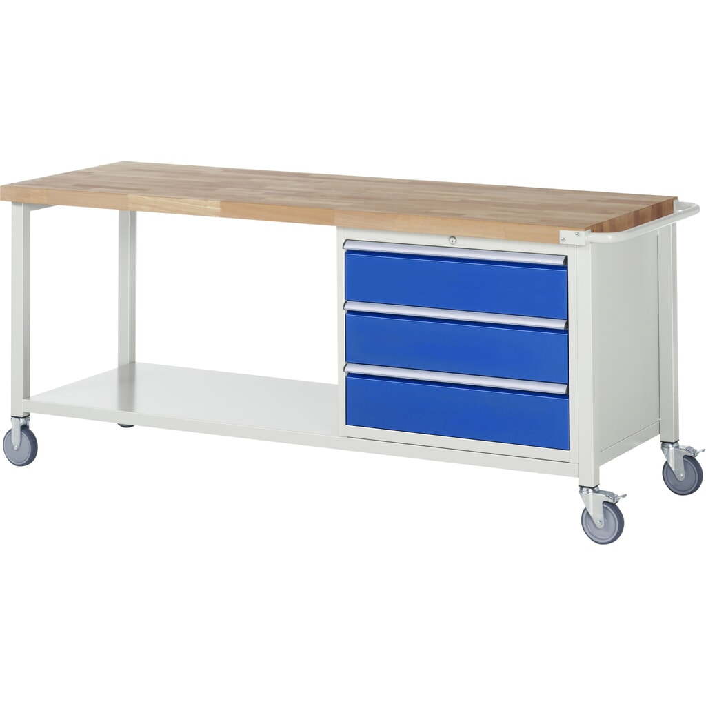 Mobiele werkbank RAU serie 8000, 1 legbord, hxbxd 880-1.080 x 2.000 x 700 mm, 3 x voor 90% uittrekbare lades, 3 x 180 mm, draagvermogen lade 75 kg Product afbeelding: Mobiele werkbank RAU serie 8000, 1 legbord, hxbxd 880-1.080 x 2.000 x 700 mm, 3 x voor 90% uittrekbare lades, 3 x 180 mm, draagvermogen lade 75 kg