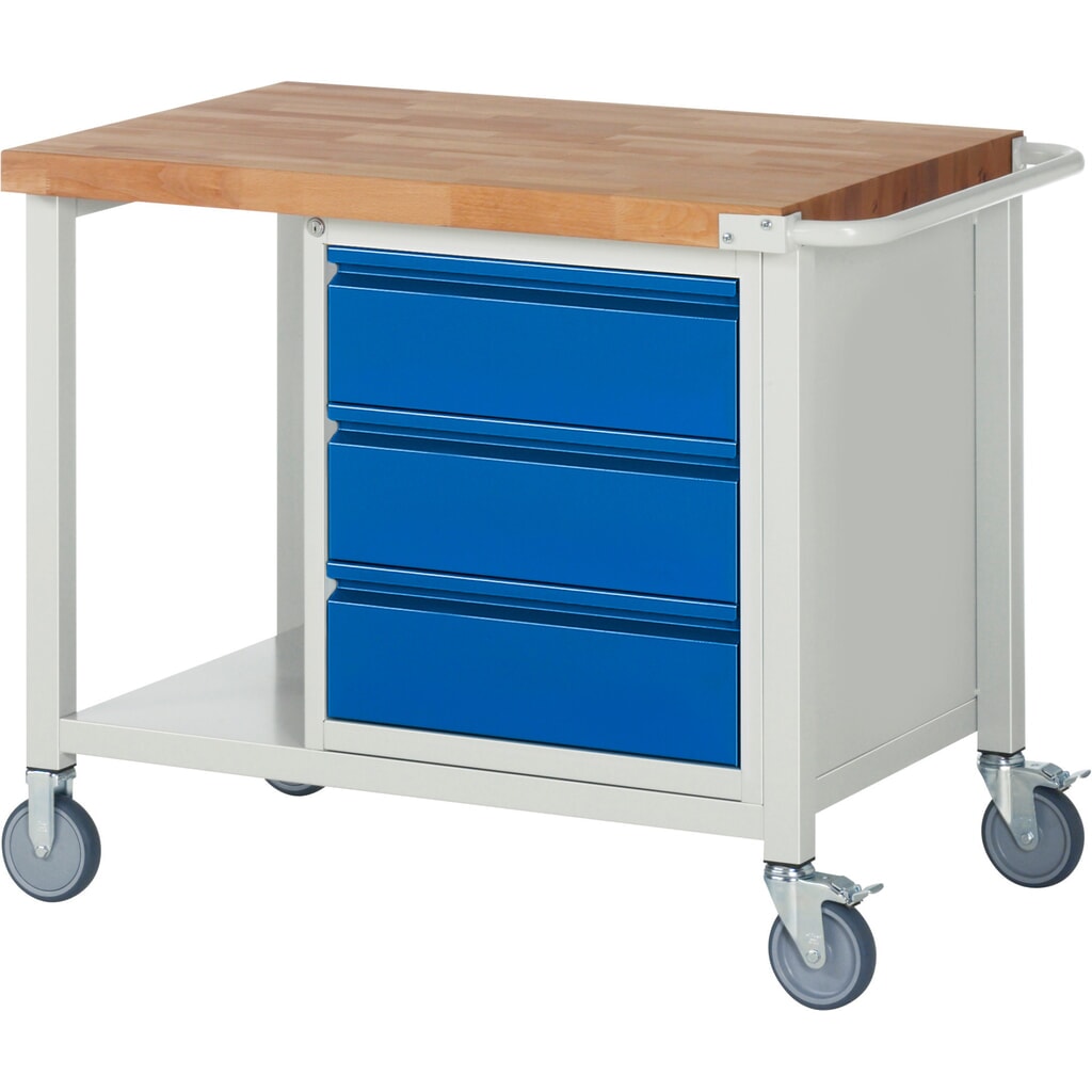 Mobiele werkbank RAU serie 8000, 1 kast, hxbxd 880 x 1.000 x 700 mm, 3 lades 3 x 180 mm, draagvermogen lade 100 kg, 1 legbord diepte 650 mm Product afbeelding: Mobiele werkbank RAU serie 8000, 1 kast, hxbxd 880 x 1.000 x 700 mm, 3 lades 3 x 180 mm, draagvermogen lade 100 kg, 1 legbord diepte 650 mm