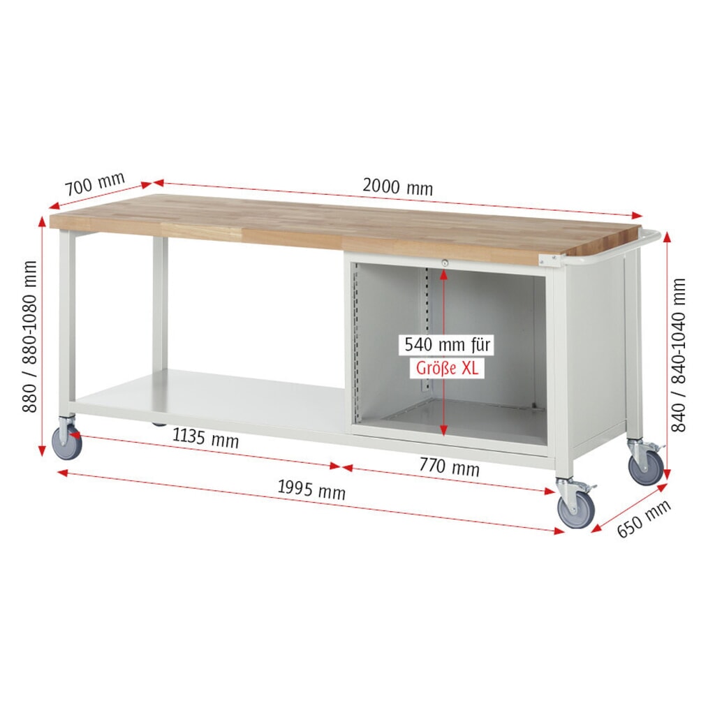 Productafbeelding nr. 7: Mobiele werkbank RAU serie 8000, 1 legbord, hxbxd 880-1.080 x 2.000 x 700 mm, 3 x voor 90% uittrekbare lades, 3 x 180 mm, draagvermogen lade 75 kg