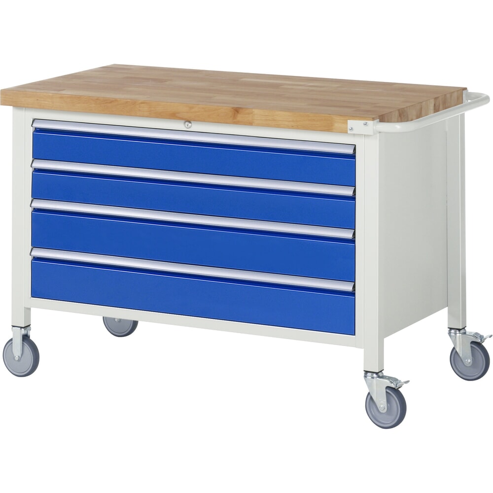 Product afbeelding: Mobiele werkbank RAU serie 8000, hxbxd 880-1.080 x 1.250 x 700 mm, 4 x voor 90% uittrekbare lades, 2 x 120, 2 x 150 mm, draagvermogen lade 50 kg
