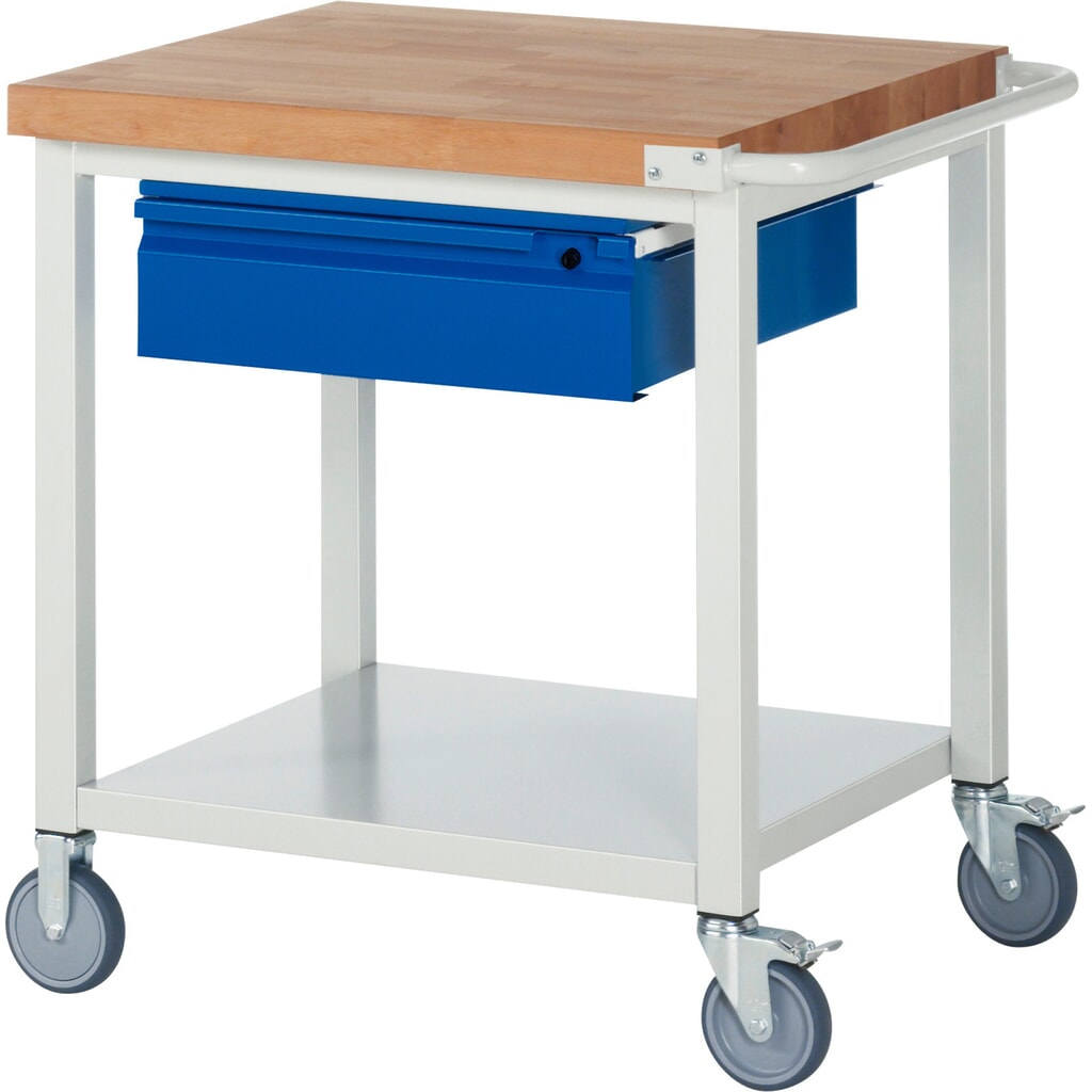 Mobiele werkbank RAU serie 8000, massief beuken werkblad, dikte 40 mm, hxbxd 880 x 750 x 700 mm, 1 lade, 1 legbord diepte 650 mm Product afbeelding: Mobiele werkbank RAU serie 8000, massief beuken werkblad, dikte 40 mm, hxbxd 880 x 750 x 700 mm, 1 lade, 1 legbord diepte 650 mm