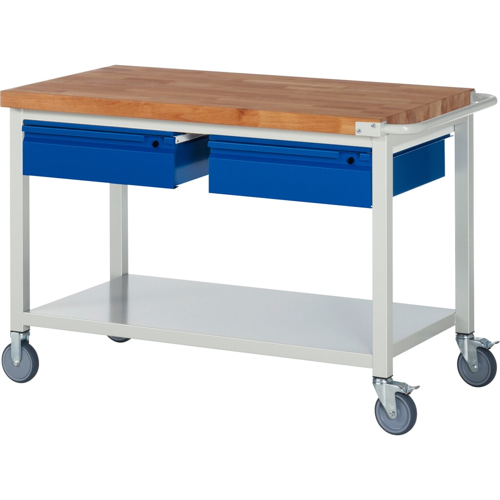 Mobiele werkbank RAU serie 8000, massief beuken werkblad, dikte 40 mm, hxbxd 880 x 1.250 x 700 mm, 2 lades, 1 legbord diepte 650 mm Product afbeelding: Mobiele werkbank RAU serie 8000, massief beuken werkblad, dikte 40 mm, hxbxd 880 x 1.250 x 700 mm, 2 lades, 1 legbord diepte 650 mm