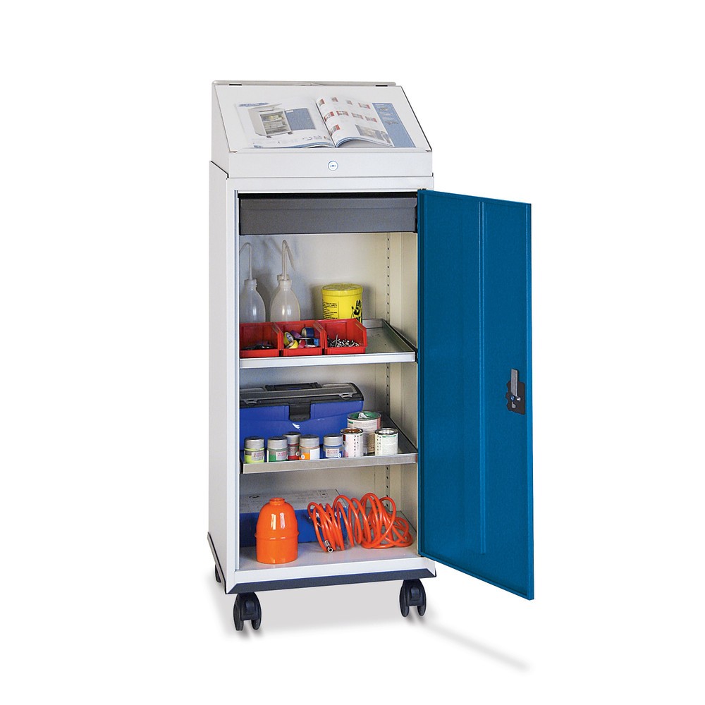 Product afbeelding: Mobiele werkplaatsdraaideurkast stumpf® met schrijflessenaar + 1 lade + 2 bakken, grijs/blauw