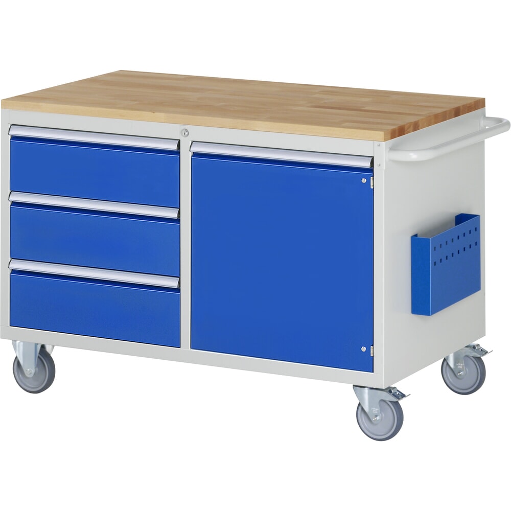 Product afbeelding: RAU gereedschapswagen serie 7000, h x b x d 795 x 1.145 x 650 mm, met 3 lades maat L en 1x openslaande deur maat L, massief beuken werkblad