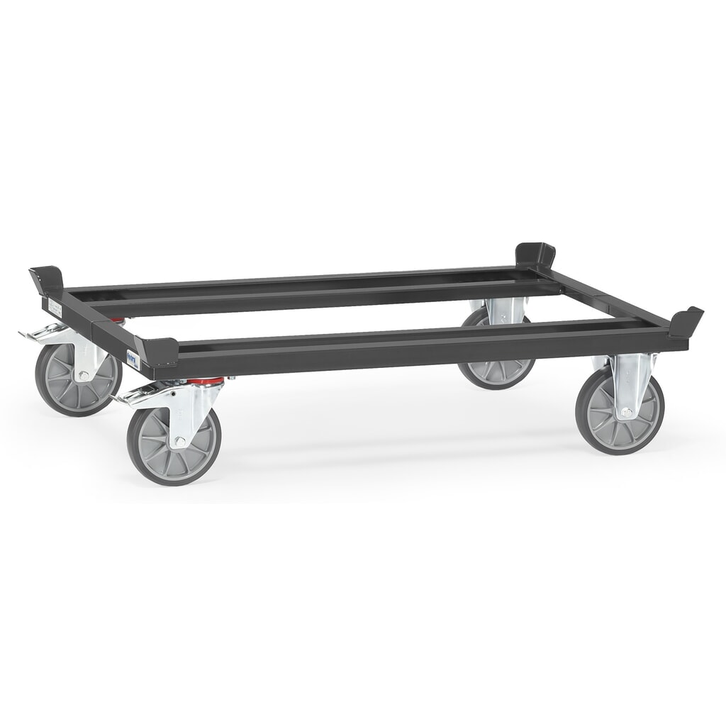 Onderstel fetra® met vanghoeken, draagvermogen 750 kg, voor pallets 1.200 x 800 mm, TPE-banden, antracietgrijs Product afbeelding: Onderstel fetra® met vanghoeken, draagvermogen 750 kg, voor pallets 1.200 x 800 mm, TPE-banden, antracietgrijs