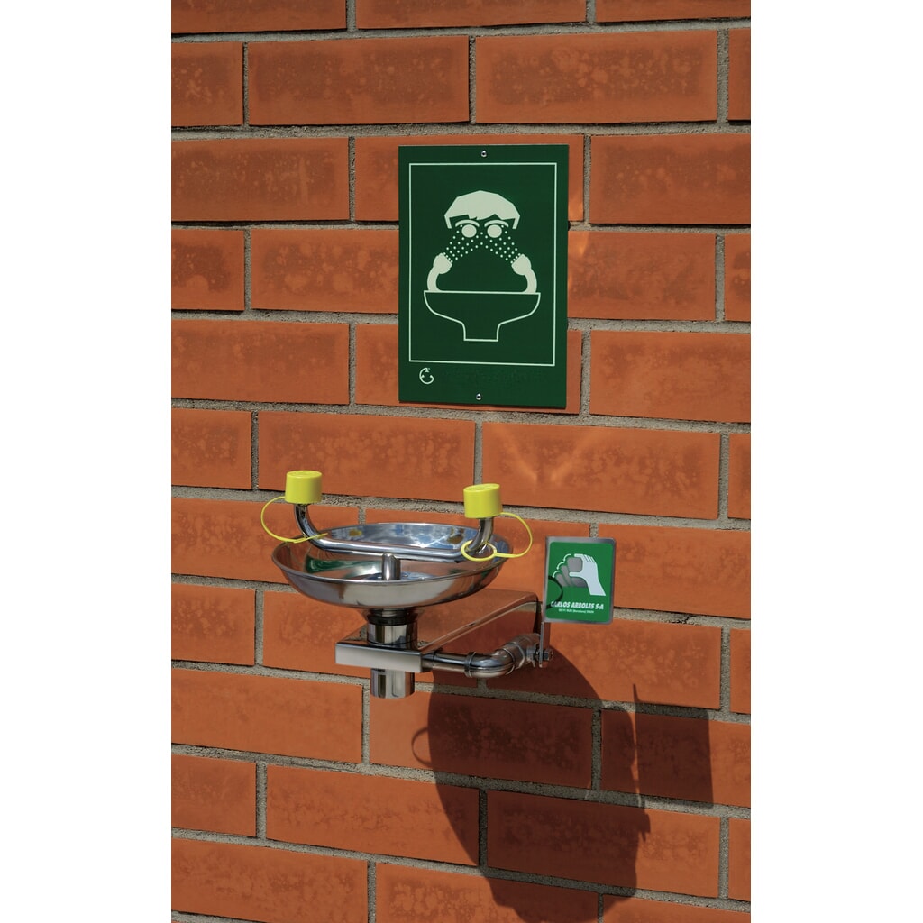 Product afbeelding: Oogdouche Erbstößer®, DIN EN 15154-2 en ANSI Z 358, wandmontage, volledig van roestvrij staal, met opvangbak, tweestralig