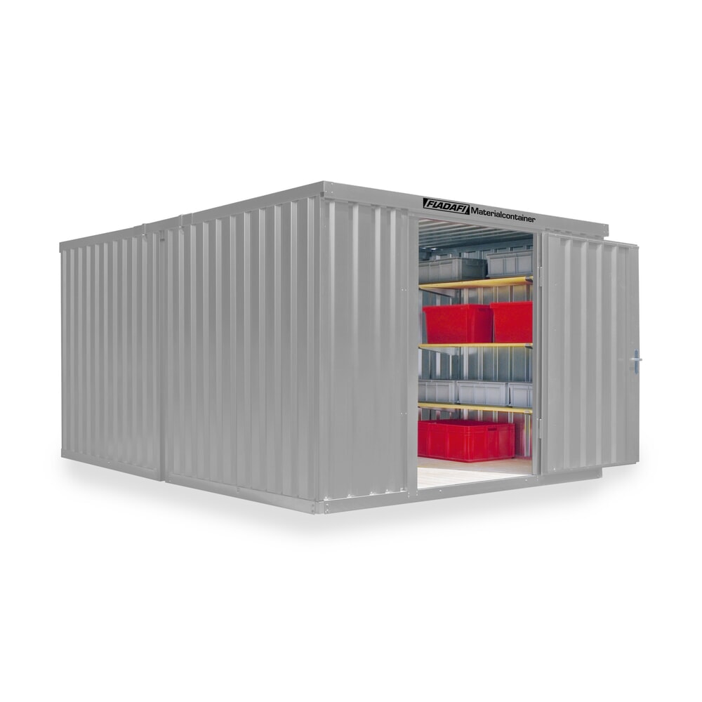Product afbeelding: FLADAFI® combinatie materiaalcontainers, geverfd, 2 modules, hxbxd 2.150 x 3.050 x 4.340 mm, gedemonteerd, houten vloer, lichtgrijs