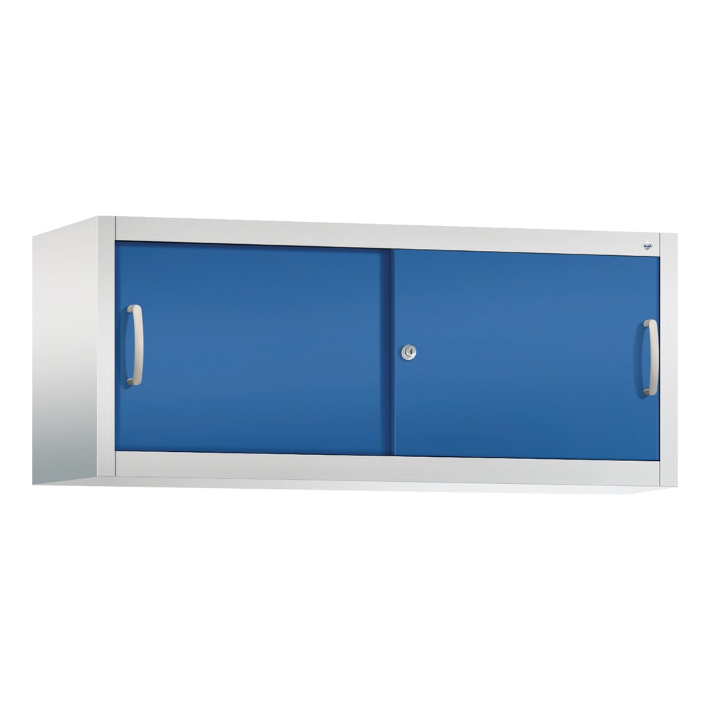 Opzetkast voor werkplaatsschuifdeurkast C+P, hxbxd 500 x 1.200 x 400 mm, lichtgrijs, gentiaanblauw Product afbeelding: Opzetkast voor werkplaatsschuifdeurkast C+P, hxbxd 500 x 1.200 x 400 mm, lichtgrijs, gentiaanblauw