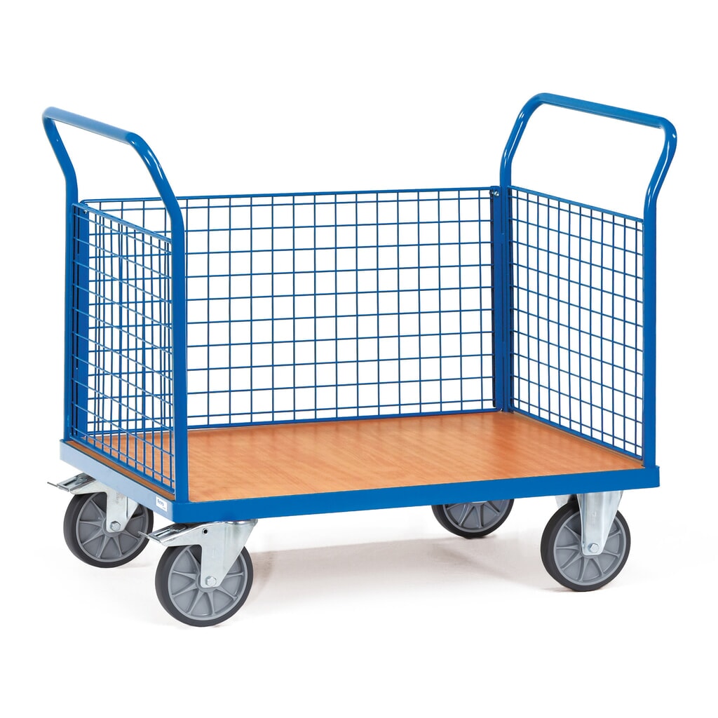 Product afbeelding: Plateauwagen fetra®, 3-zijdige gaaswanden, laadvlak bxd 600 x 1.000 mm