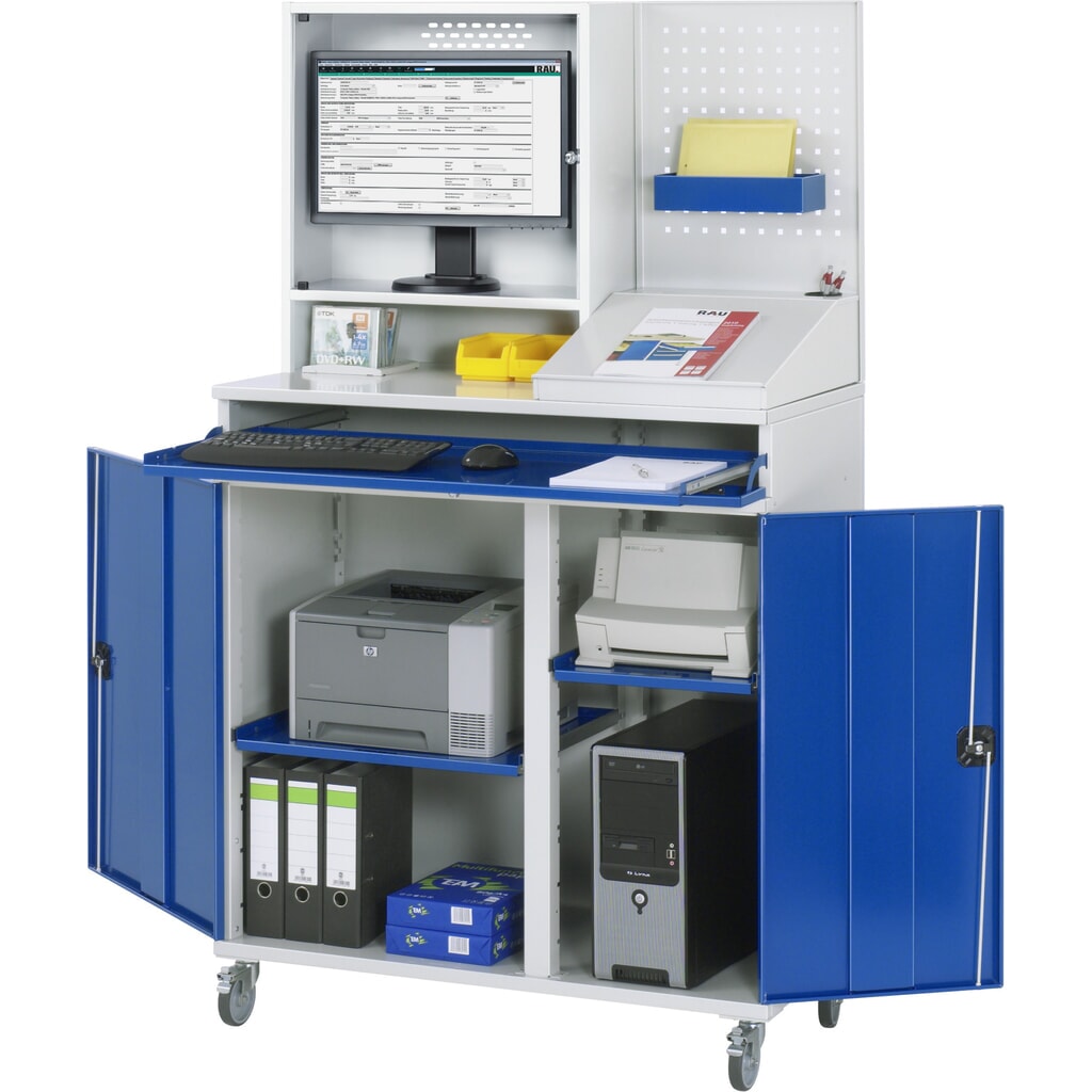 Mobiele computerkast RAU, monitorbehuizing, uitschuifblad voor het toetsenbord, dubbele draaideur, geperforeerde achterwand, aantal lades x h x b: 1 x 80 x 1.020 mm Productafbeelding nr. 2: Mobiele computerkast RAU, monitorbehuizing, uitschuifblad voor het toetsenbord, dubbele draaideur, geperforeerde achterwand, aantal lades x h x b: 1 x 80 x 1.020 mm