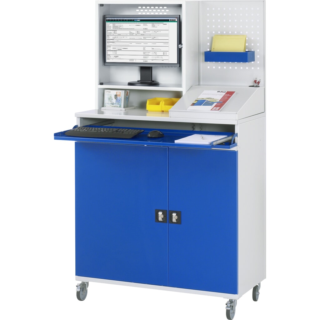 Productafbeelding nr. 3: Mobiele computerkast RAU, monitorbehuizing, uitschuifblad voor het toetsenbord, dubbele draaideur, geperforeerde achterwand, aantal lades x h x b: 1 x 80 x 1.020 mm