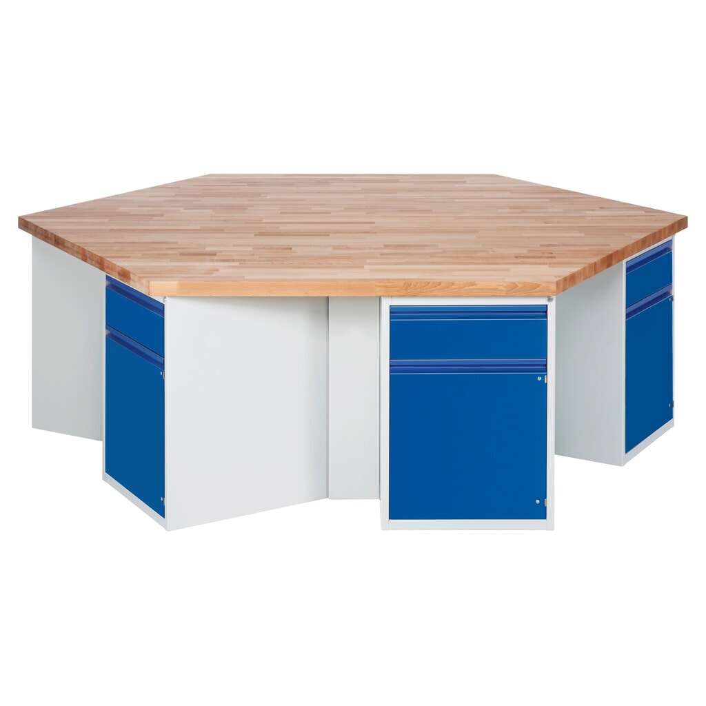 Product afbeelding: RAU groepswerkbank serie 4000, 6 kasten, hxbxd 840 x 2.700 x 2.340 mm, x voor 90% uittrekbare lades met greeprand, 1 legbord