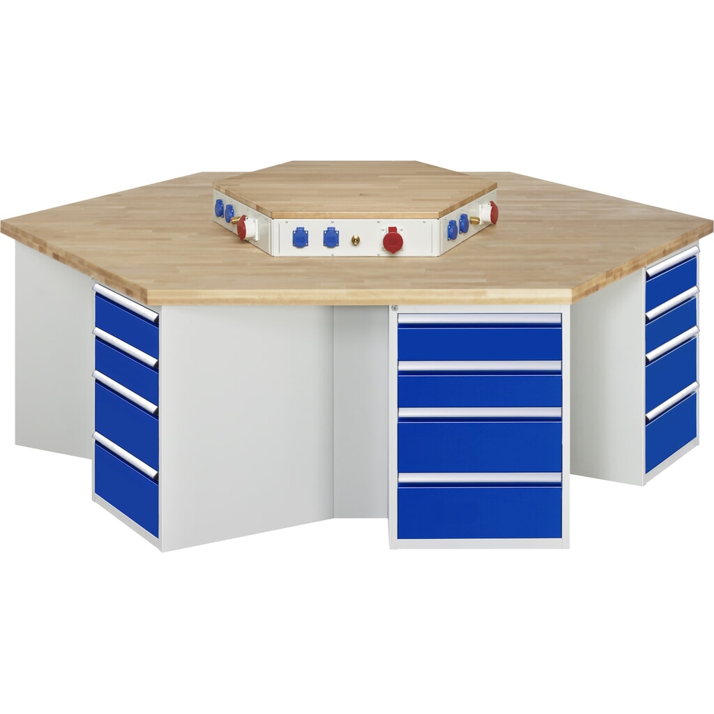 Product afbeelding: RAU groepswerkbank serie 4000, h x b x d 890 x 2.700 x 2.340 mm, met energievoorziening, 6 onderbouwkasten, met telkens 4 lades