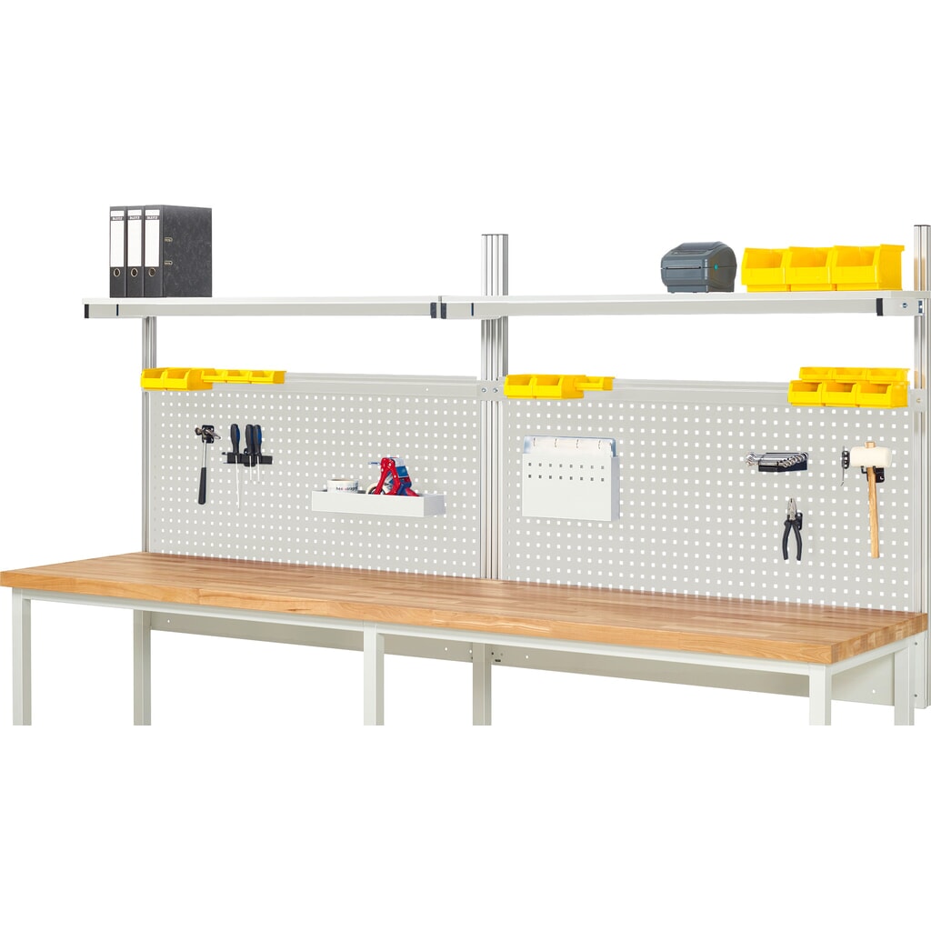 Product afbeelding: Werkbankopbouw RAU, hxbxd 1.130 x 3.000 x 350 mm, met 2 legborden / plaat met melamineharscoating en 2 draagrails, complete set 01 voor productbreedte 3.000 mm
