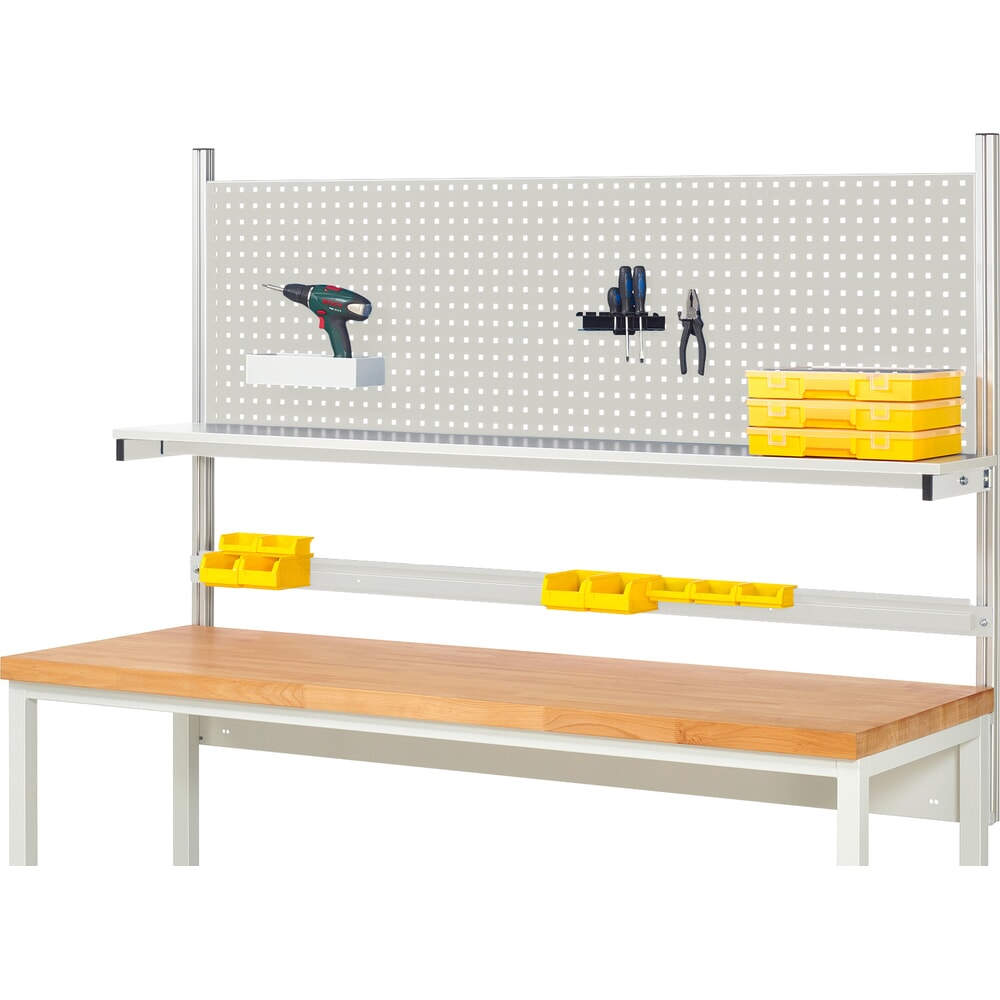 Product afbeelding: Werkbankopbouw RAU, hxbxd 1.130 x 2.000 x 350 mm, met 1 legbord / plaat met melamineharscoating en 1 draagrail, complete set 01 voor productbreedte 2.000 mm