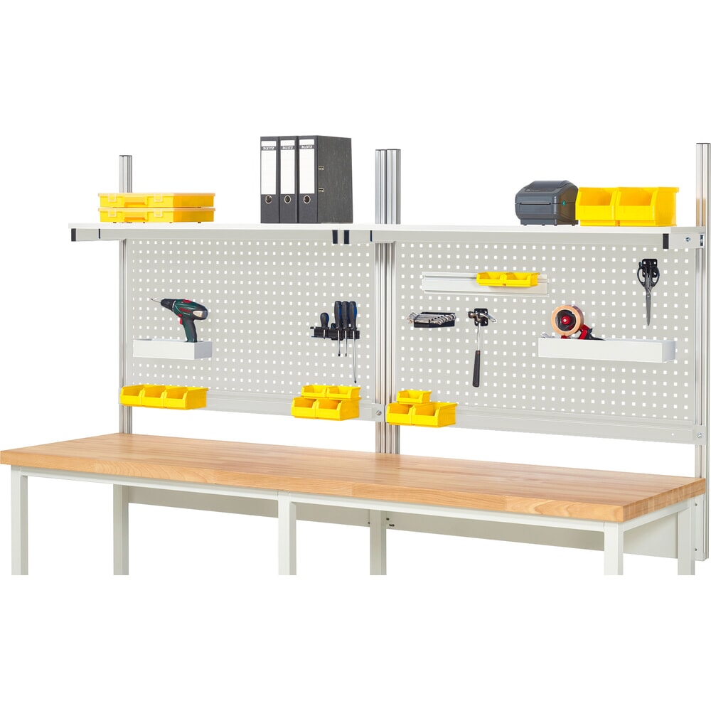 Product afbeelding: Werkbankopbouw RAU, hxbxd 1.130 x 2.500 x 350 mm, met 2 legborden / plaat met melamineharscoating en 2 draagrails, complete set 01 voor productbreedte 2.500 mm