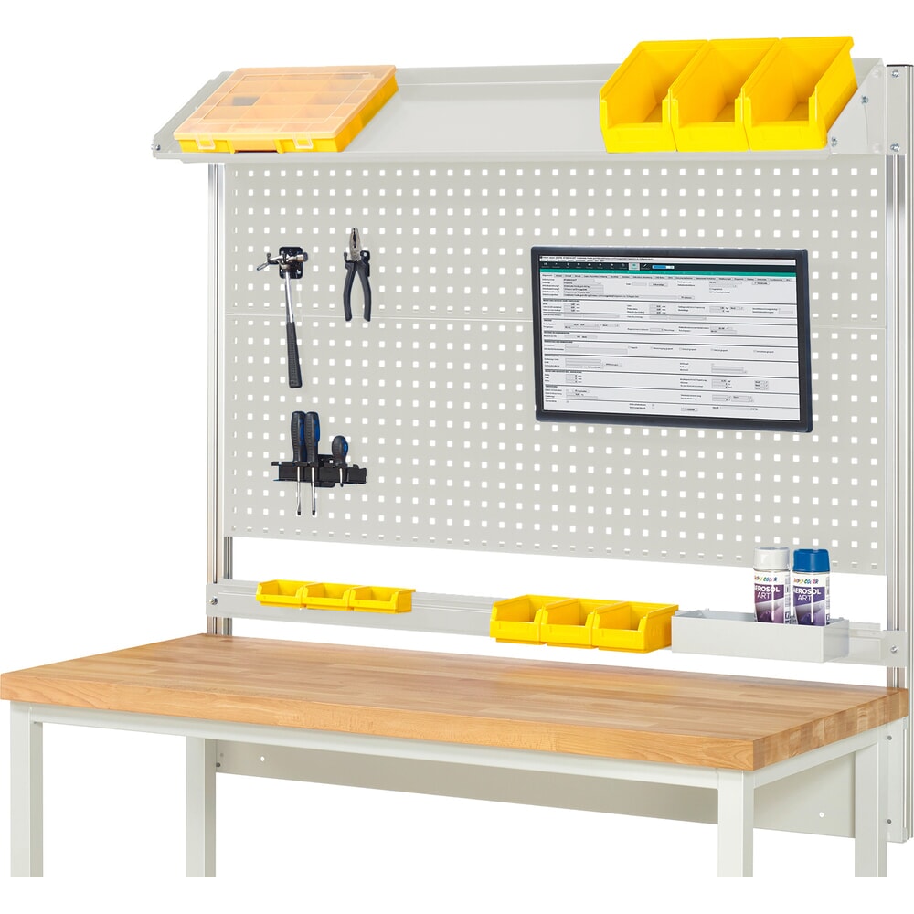Product afbeelding: Werkbankopbouw RAU, hxbxd 1.130 x 1.500 x 350 mm, met 1 kantelbaar metalen legbord, 1 draagrail en 1 flatscreenhouder, complete set 02 voor productbreedte 1.500 mm