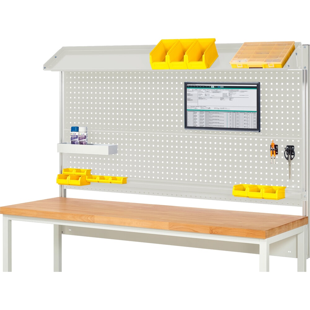 Product afbeelding: Werkbankopbouw RAU, hxbxd 1.130 x 2.000 x 350 mm, met 1 kantelbaar metalen legbord, 1 draagrail en 1 flatscreenhouder, complete set 02 voor productbreedte 2.000 mm