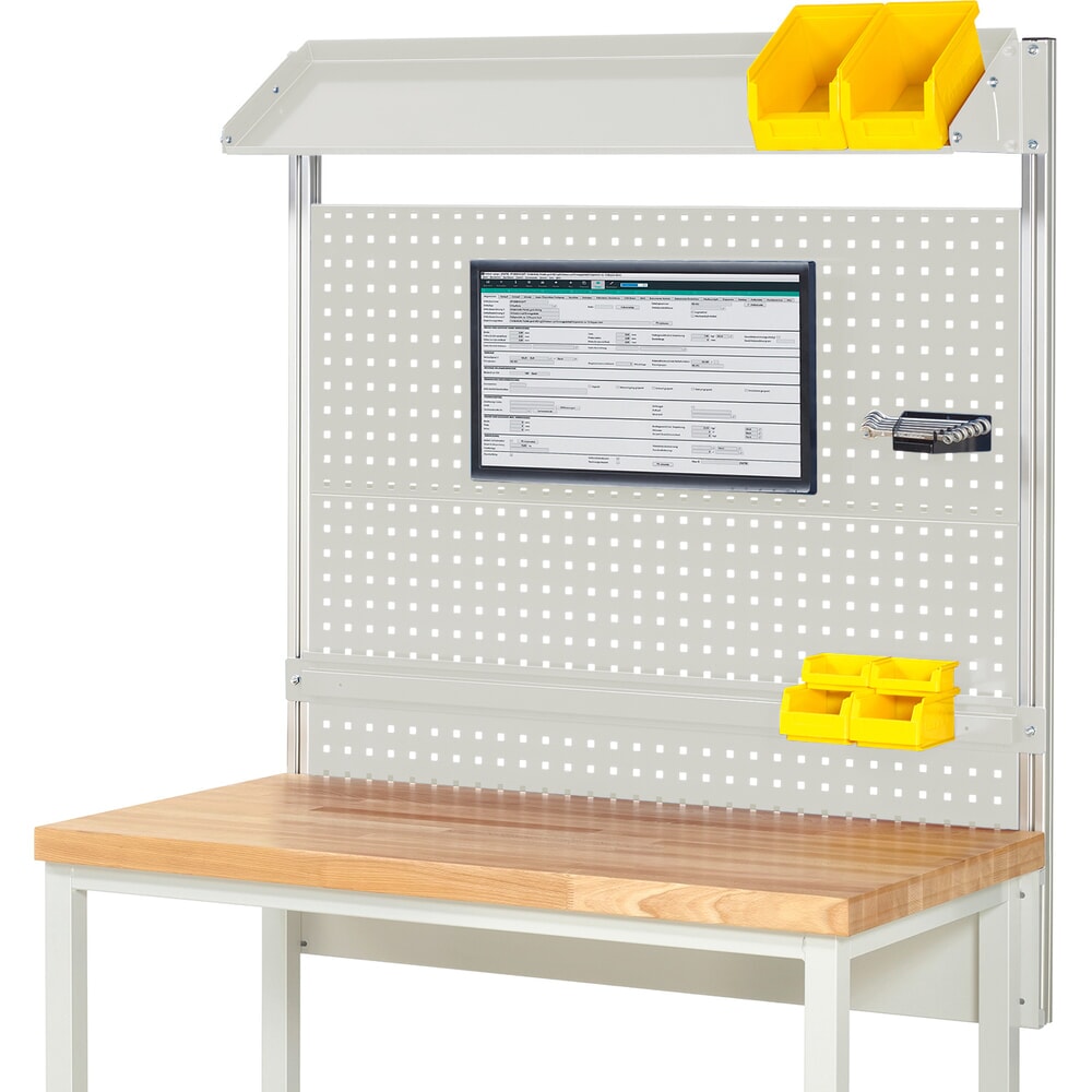 Product afbeelding: Werkbankopbouw RAU, hxbxd 1.130 x 1.250 x 350 mm, met 1 kantelbaar metalen legbord, 1 draagrail en 1 flatscreenhouder, complete set 02 voor productbreedte 1.250 mm