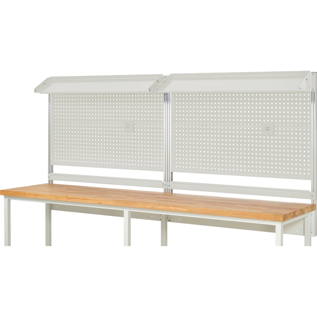 Productafbeelding nr. 2: Werkbankopbouw RAU, hxbxd 1.130 x 3.000 x 350 mm, met 2 kantelbare metalen legborden, 2 draagrails en 2 flatscreenhouders, complete set 02 voor productbreedte 3.000 mm