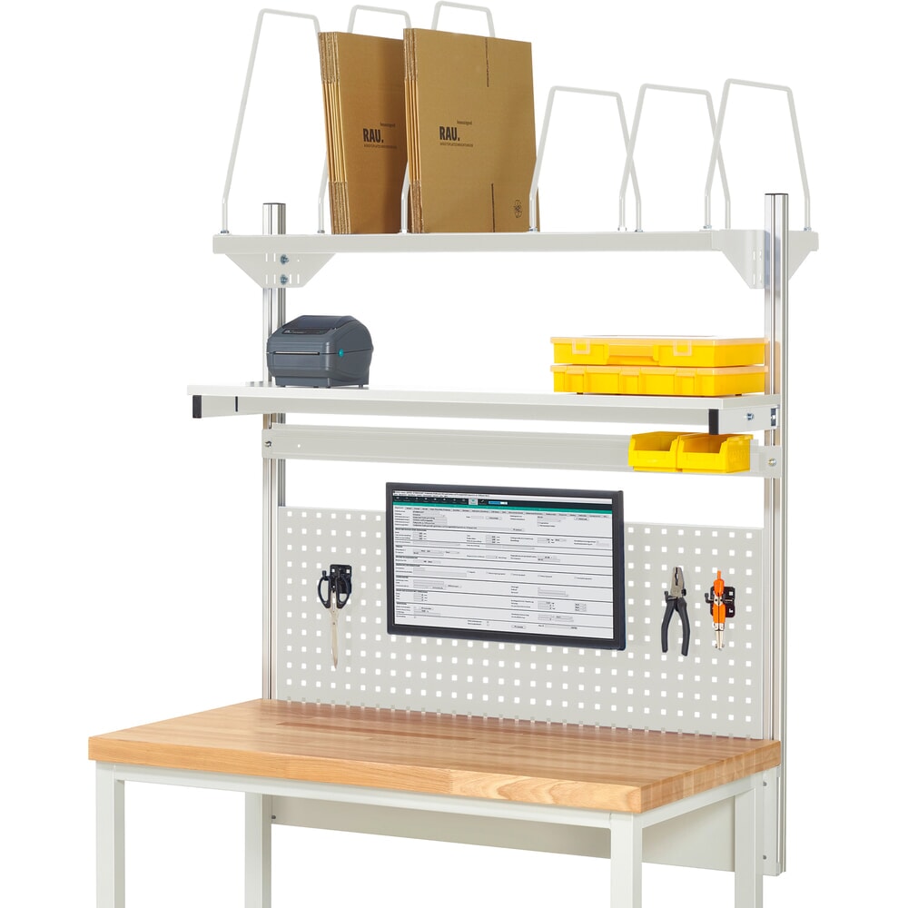 Product afbeelding: Werkbankopbouw RAU, hxbxd 1.130 x 1.250 x 350 mm, met 1 legbord, 1 draagrail en 1 flatscreenhouder, complete set 03 voor productbreedte 1.250 mm
