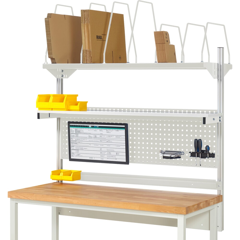 Product afbeelding: Werkbankopbouw RAU, hxbxd 1.130 x 1.500 x 350 mm, met 1 legbord, 1 draagrail en 1 flatscreenhouder, complete set 03 voor productbreedte 2.000 mm