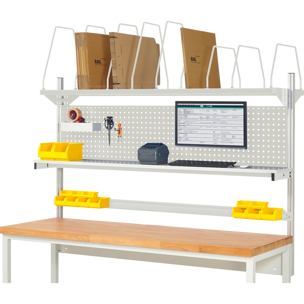 Product afbeelding: Werkbankopbouw RAU, hxbxd 1.130 x 2.000 x 350 mm, met 1 legbord, 1 draagrail en 1 flatscreenhouder, complete set 03 voor productbreedte 1.500 mm
