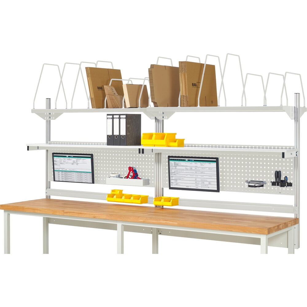 Product afbeelding: Werkbankopbouw RAU, hxbxd 1.130 x 3.000 x 350 mm, met 2 legborden, 2 draagrails en 2 flatscreenhouders, complete set 03 voor productbreedte 3.000 mm