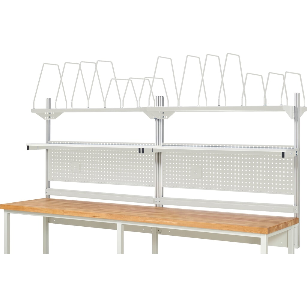 Werkbankopbouw RAU, hxbxd 1.130 x 3.000 x 350 mm, met 2 legborden, 2 draagrails en 2 flatscreenhouders, complete set 03 voor productbreedte 3.000 mm Productafbeelding nr. 2: Werkbankopbouw RAU, hxbxd 1.130 x 3.000 x 350 mm, met 2 legborden, 2 draagrails en 2 flatscreenhouders, complete set 03 voor productbreedte 3.000 mm