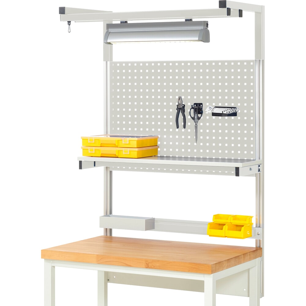Product afbeelding: Werkbankopbouw RAU, hxbxd 1.380 x 1.000 x 350 mm, met 1 legbord, 1 draagrail, 1 paar draagarmen en 1 lamp, complete set 04 voor productbreedte 1.000 mm