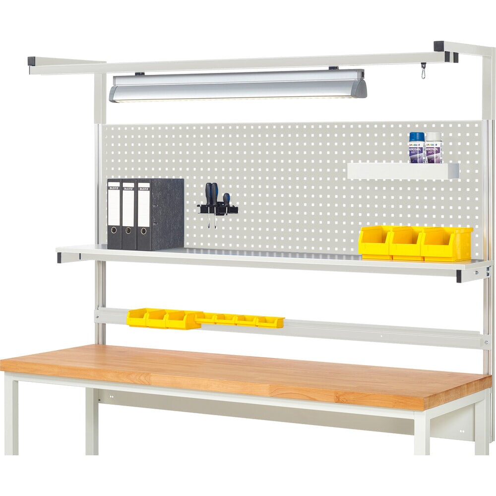 Product afbeelding: Werkbankopbouw RAU, hxbxd 1.380 x 2.000 x 350 mm, met 1 legbord, 1 draagrail, 1 paar draagarmen en 1 lamp, complete set 04 voor productbreedte 2.000 mm