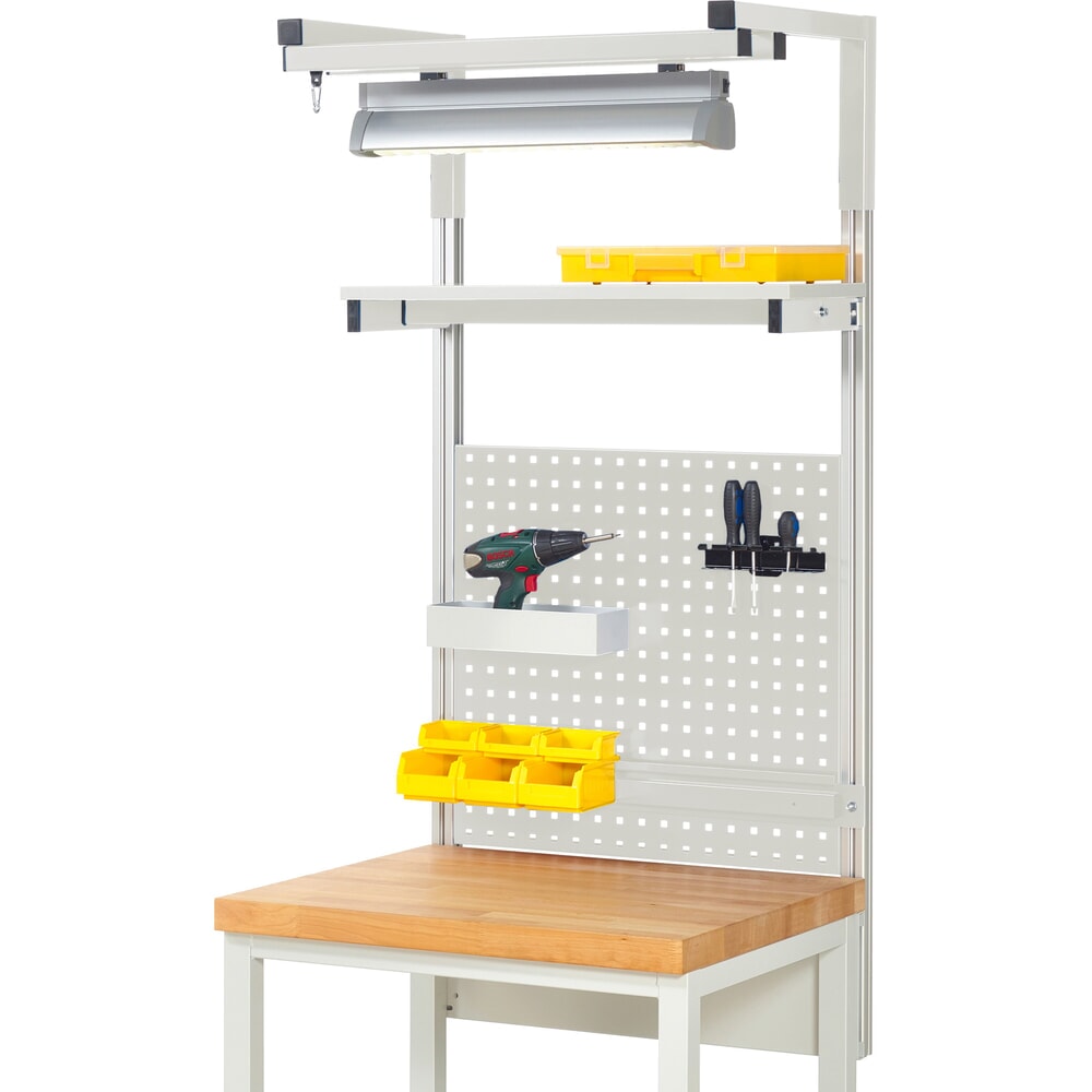 Product afbeelding: Werkbankopbouw RAU, hxbxd 1.380 x 750 x 350 mm, met 1 legbord, 1 draagrail, 1 paar draagarmen en 1 lamp, complete set 04 voor productbreedte 750 mm