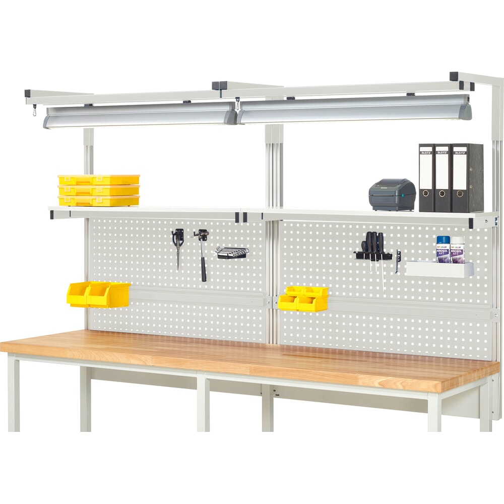 Product afbeelding: Werkbankopbouw RAU, hxbxd 1.380 x 2.500 x 350 mm, met 2 legborden, 2 draagrails, 2 paar draagarmen en 2 lampen, complete set 04 voor productbreedte 2.500 mm