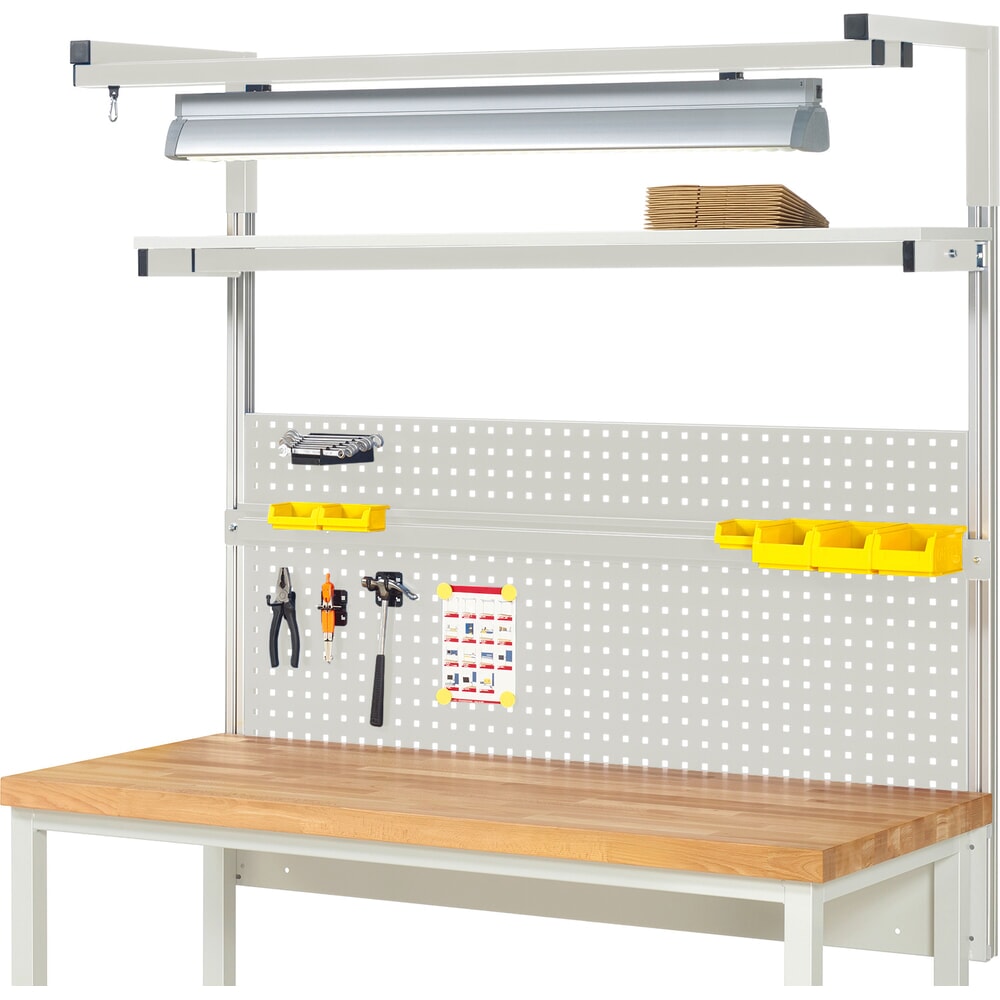 Product afbeelding: Werkbankopbouw RAU, hxbxd 1.380 x 1.500 x 350 mm, met 1 legbord, 1 draagrail, 1 paar draagarmen en 1 lamp, complete set 04 voor productbreedte 1.500 mm