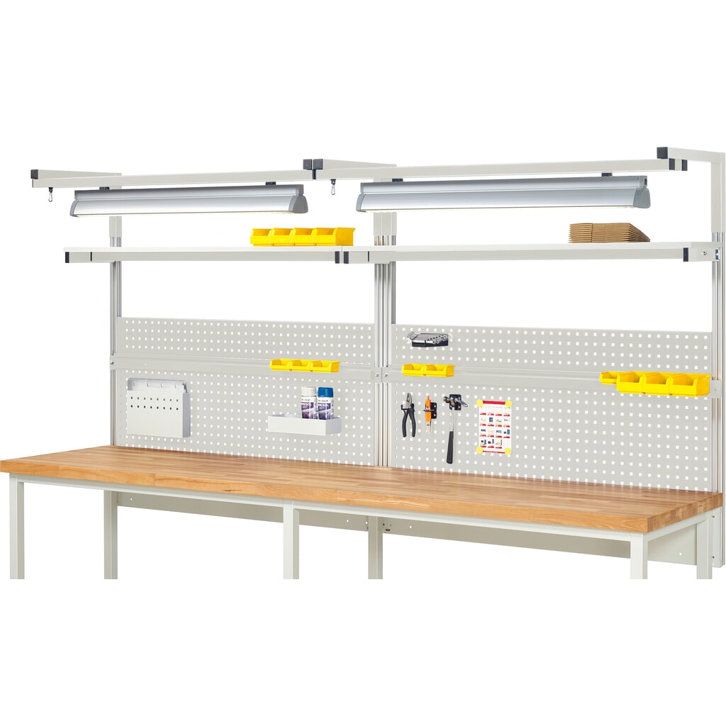 Werkbankopbouw RAU, hxbxd 1.380 x 3.000 x 350 mm, met 2 legborden, 2 draagrails, 2 paar draagarmen en 2 lampen, complete set 04 voor productbreedte 3.000 mm Product afbeelding: Werkbankopbouw RAU, hxbxd 1.380 x 3.000 x 350 mm, met 2 legborden, 2 draagrails, 2 paar draagarmen en 2 lampen, complete set 04 voor productbreedte 3.000 mm