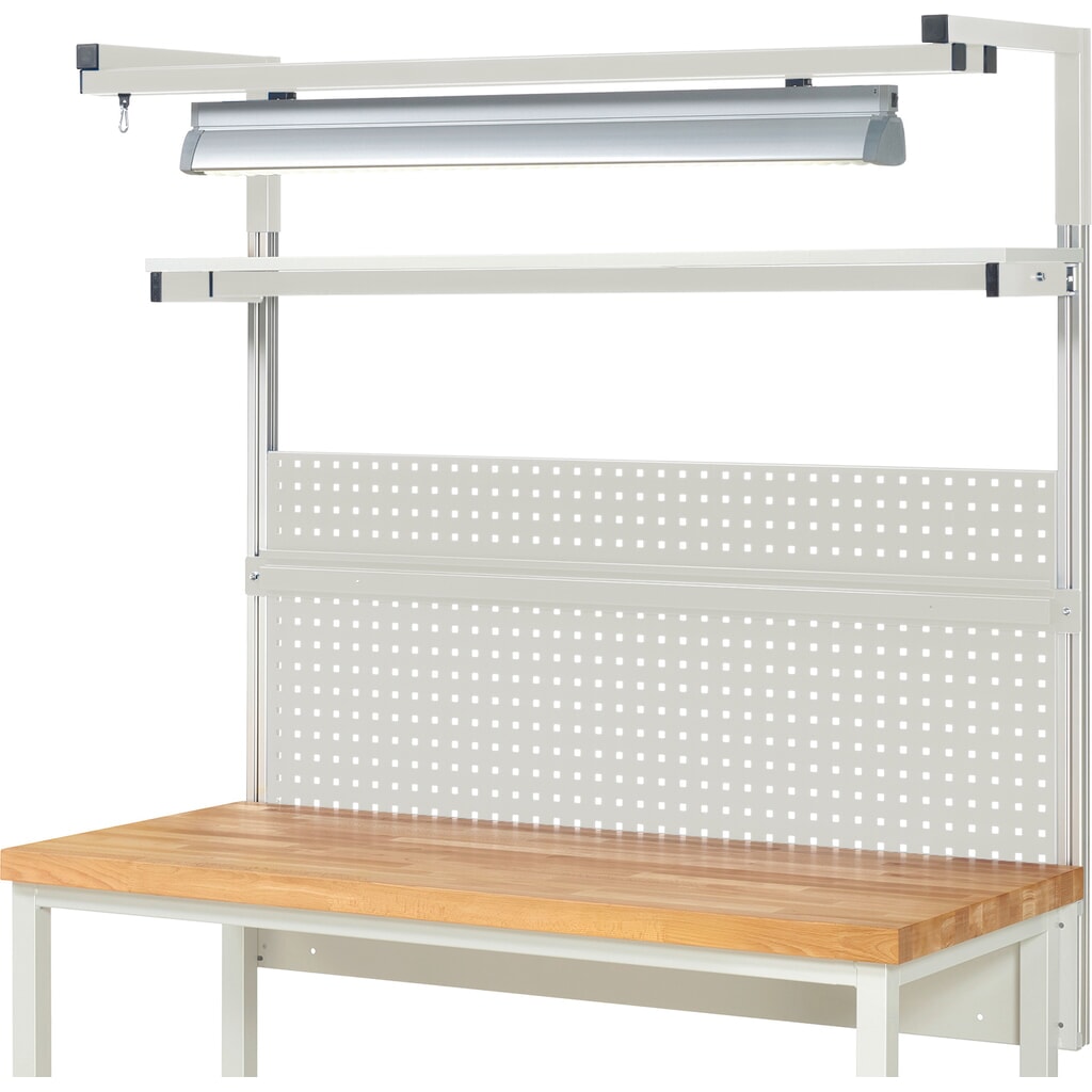 Productafbeelding nr. 2: Werkbankopbouw RAU, hxbxd 1.380 x 1.500 x 350 mm, met 1 legbord, 1 draagrail, 1 paar draagarmen en 1 lamp, complete set 04 voor productbreedte 1.500 mm