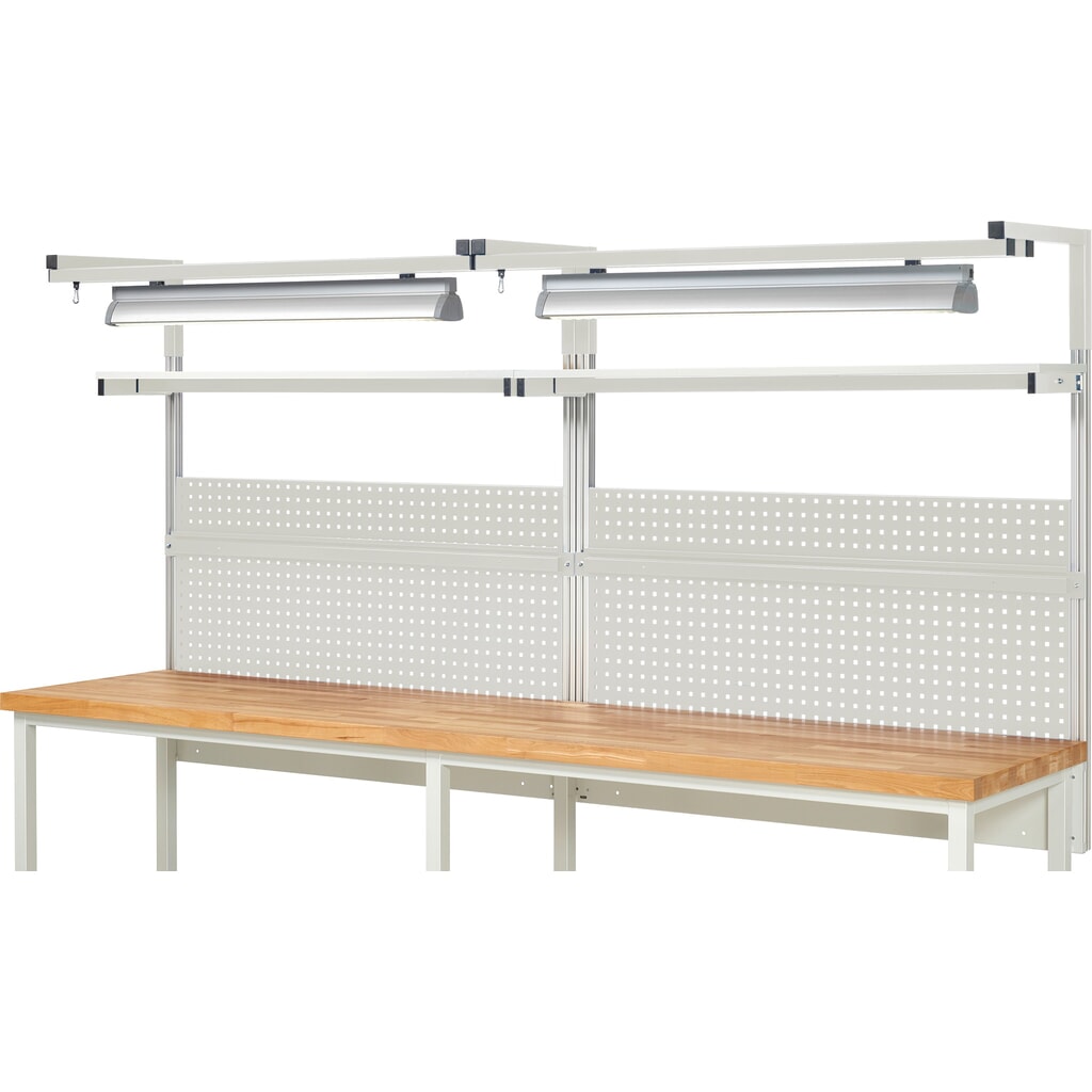 Productafbeelding nr. 2: Werkbankopbouw RAU, hxbxd 1.380 x 3.000 x 350 mm, met 2 legborden, 2 draagrails, 2 paar draagarmen en 2 lampen, complete set 04 voor productbreedte 3.000 mm