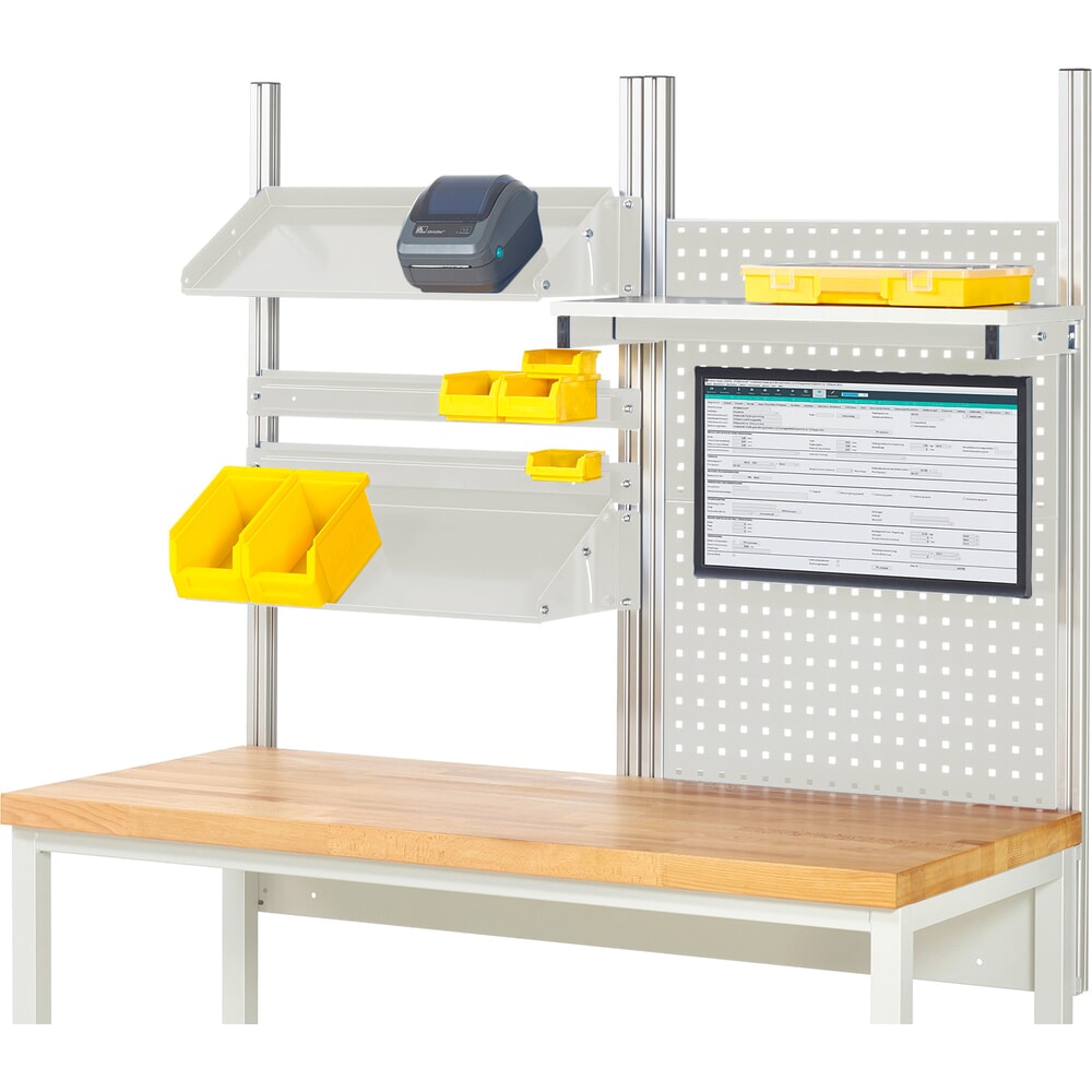 Product afbeelding: Werkbankopbouw RAU, hxbxd 1.130 x 1.500 x 350 mm, met 1 legbord, 2 draagrails, 2 kantelbare metalen legborden en 1 flatscreenhouder, complete set 05 voor productbreedte 1.500 mm