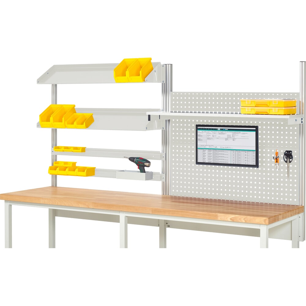 Product afbeelding: Werkbankopbouw RAU, hxbxd 1.130 x 2.500 x 350 mm, met 1 legbord, 2 draagrails, 2 kantelbare metalen legborden en 1 flatscreenhouder, complete set 05 voor productbreedte 2.500 mm