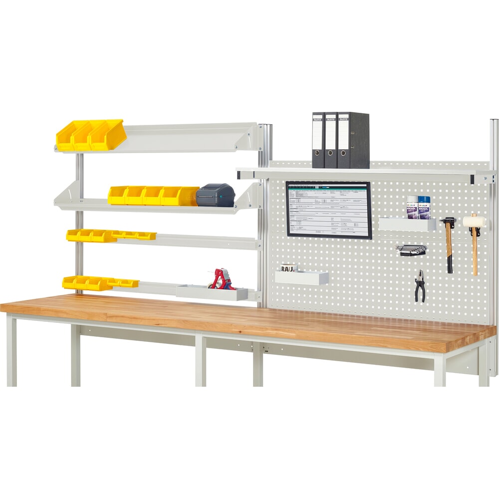 Product afbeelding: Werkbankopbouw RAU, hxbxd 1.130 x 3.000 x 3.000 mm, met 1 legbord, 2 draagrails, 2 kantelbare metalen legborden en 1 flatscreenhouder, complete set 05 voor productbreedte 3.000 mm