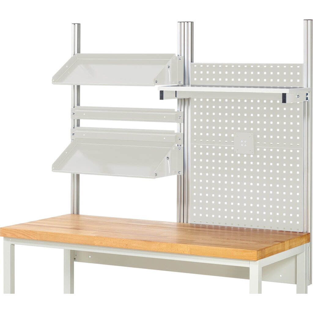 Productafbeelding nr. 2: Werkbankopbouw RAU, hxbxd 1.130 x 1.500 x 350 mm, met 1 legbord, 2 draagrails, 2 kantelbare metalen legborden en 1 flatscreenhouder, complete set 05 voor productbreedte 1.500 mm