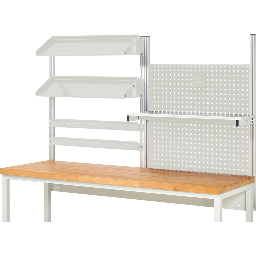 Werkbankopbouw RAU, hxbxd 1.130 x 2.000 x 350 mm, met 1 legbord, 2 draagrails, 2 kantelbare metalen legborden en 1 flatscreenhouder, complete set 05 voor productbreedte 2.000 mm Productafbeelding nr. 2: Werkbankopbouw RAU, hxbxd 1.130 x 2.000 x 350 mm, met 1 legbord, 2 draagrails, 2 kantelbare metalen legborden en 1 flatscreenhouder, complete set 05 voor productbreedte 2.000 mm