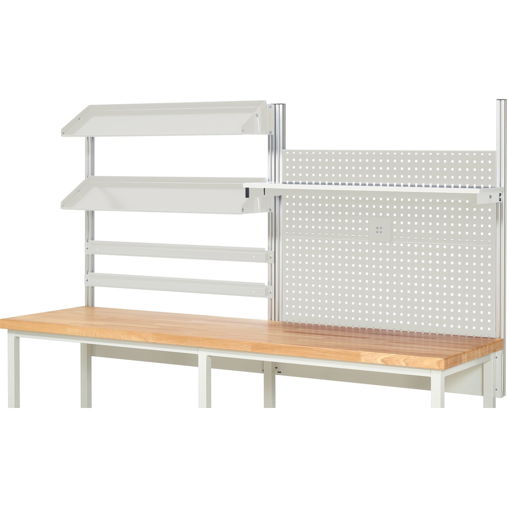 Productafbeelding nr. 2: Werkbankopbouw RAU, hxbxd 1.130 x 2.500 x 350 mm, met 1 legbord, 2 draagrails, 2 kantelbare metalen legborden en 1 flatscreenhouder, complete set 05 voor productbreedte 2.500 mm